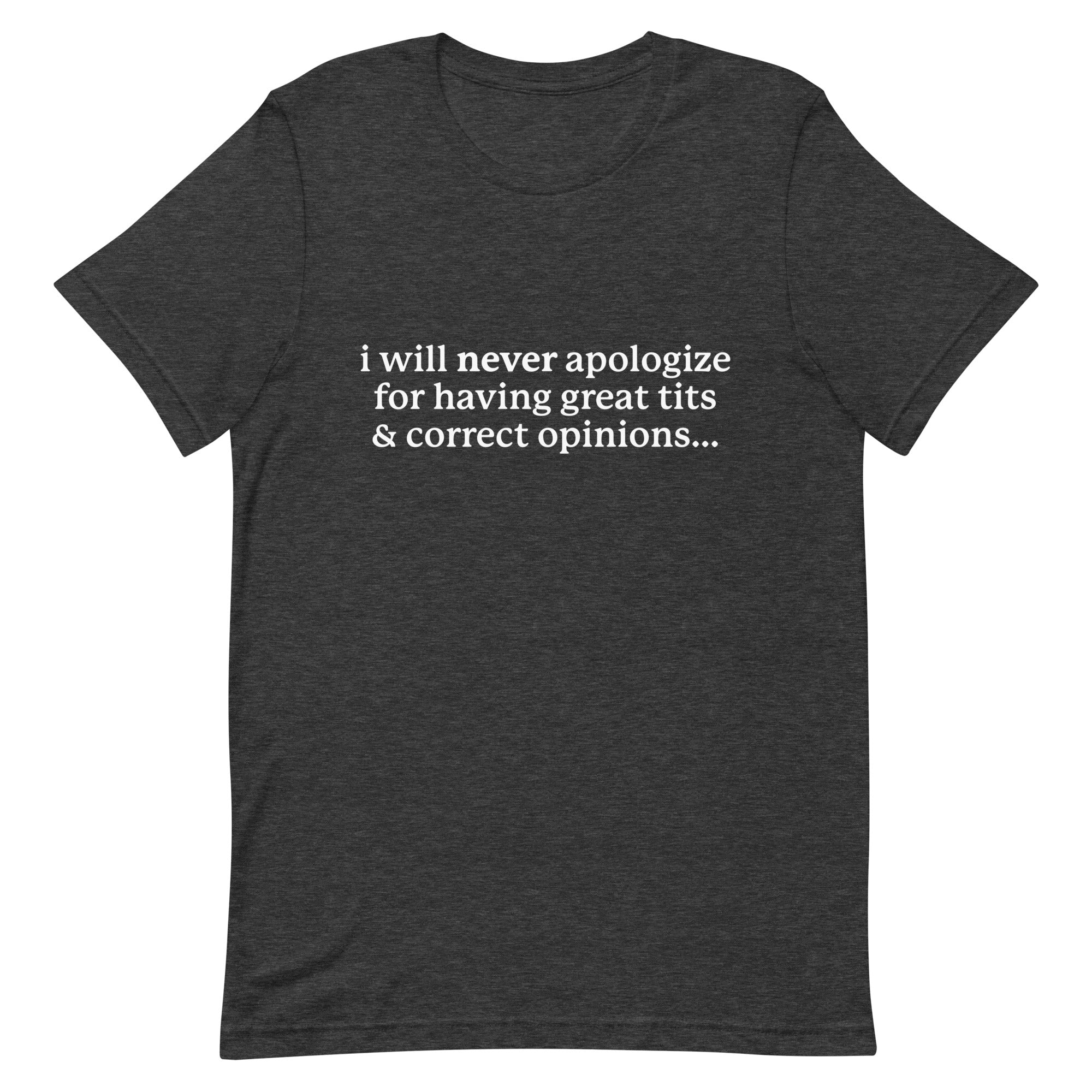 I Will Never Apologize (Great Tits & Correct Opinions) Unisex t-shirt